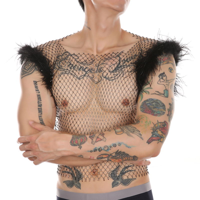 Hot Men Feather Rhinestone Fishnet Vest Nightwear