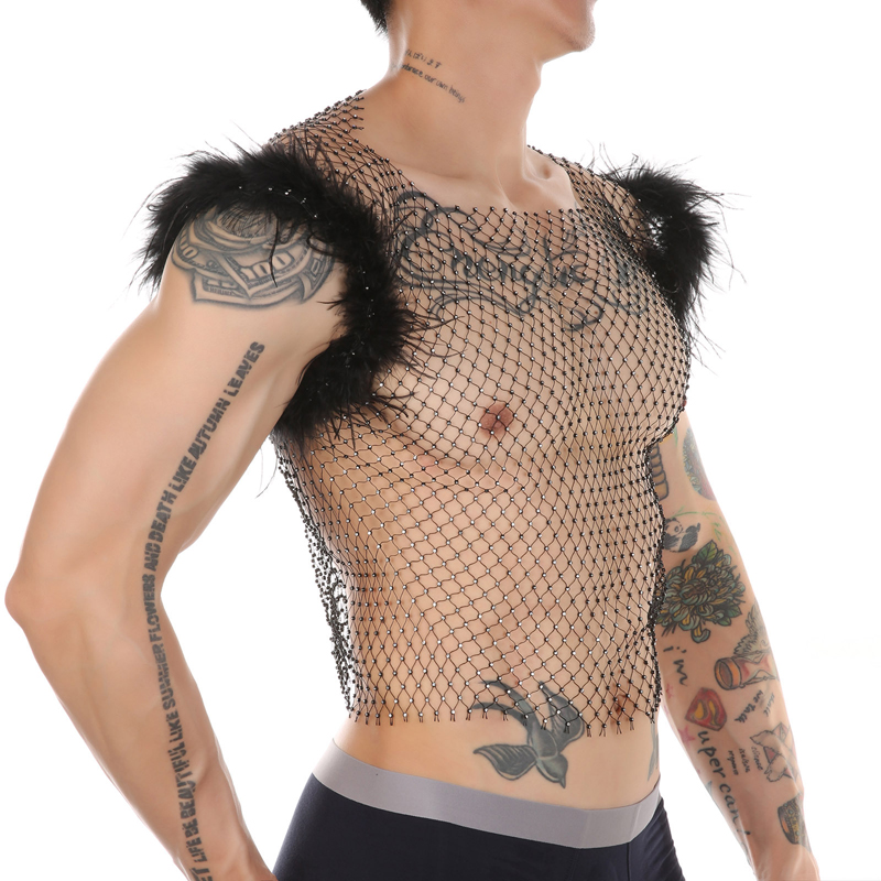 Hot Men Feather Rhinestone Fishnet Vest Nightwear