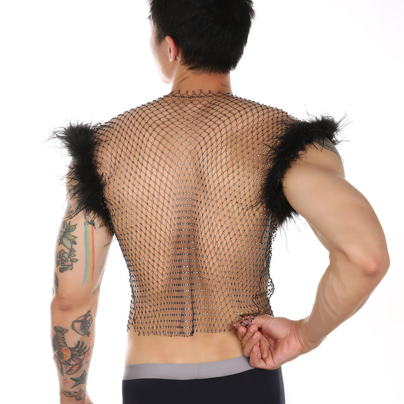 Hot Men Feather Rhinestone Fishnet Vest Nightwear